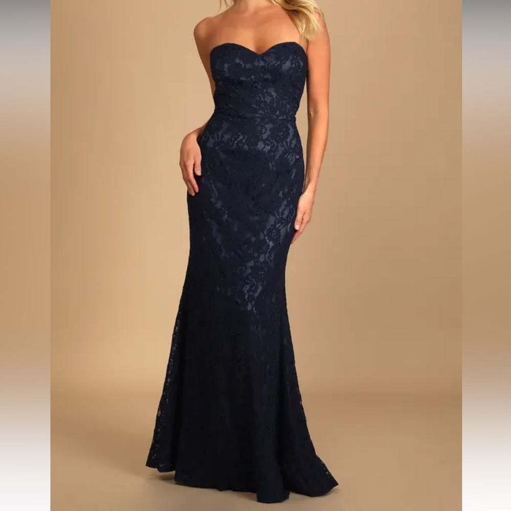 Wow the Crowd Navy Blue Lace Strapless Gown